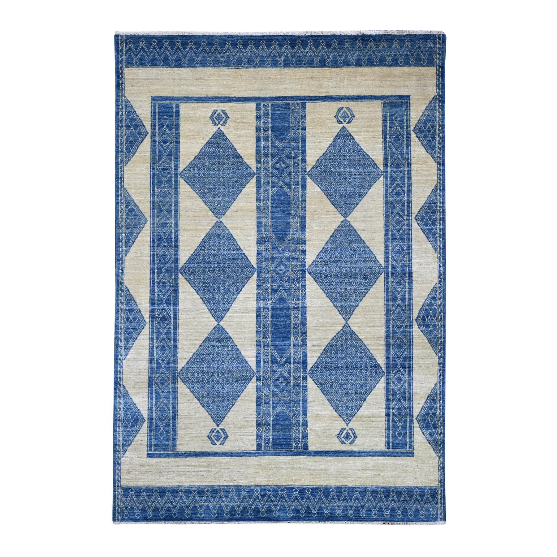 6'x8'10" Ivory and Blue, Moroccan Berber Influence with Geometric Pattern, High Mountain Wool, Denser Weave, Hand Knotted, Oriental Rug 